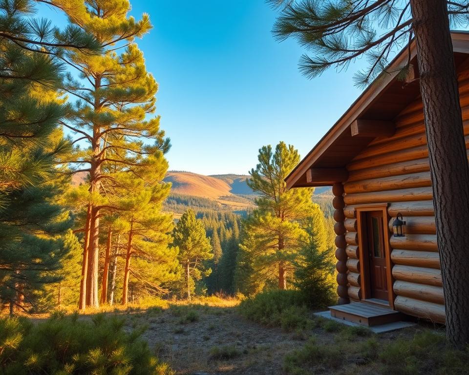 A picturesque forest scene showcasing sustainability through the use of spruce wood in eco-friendly construction. In the foreground, display a rustic wooden cabin built from natural spruce logs, emphasizing craftsmanship and eco-conscious design. The middle ground should feature a serene, sunlit landscape with a variety of healthy spruce trees, their greenery vibrant and lush. In the background, gentle rolling hills give a sense of natural harmony. Warm, golden sunlight filters through the trees, creating a peaceful, inviting atmosphere. The angle should be slightly elevated, capturing the beauty of the cabin nestled harmoniously within nature, under a clear blue sky. The mood evokes tranquility and an appreciation for sustainable living. A picturesque forest scene showcasing sustainability through the use of spruce wood in eco-friendly construction. In the foreground, display a rustic wooden cabin built from natural spruce logs, emphasizing craftsmanship and eco-conscious design. The middle ground should feature a serene, sunlit landscape with a variety of healthy spruce trees, their greenery vibrant and lush. In the background, gentle rolling hills give a sense of natural harmony. Warm, golden sunlight filters through the trees, creating a peaceful, inviting atmosphere. The angle should be slightly elevated, capturing the beauty of the cabin nestled harmoniously within nature, under a clear blue sky. The mood evokes tranquility and an appreciation for sustainable living.