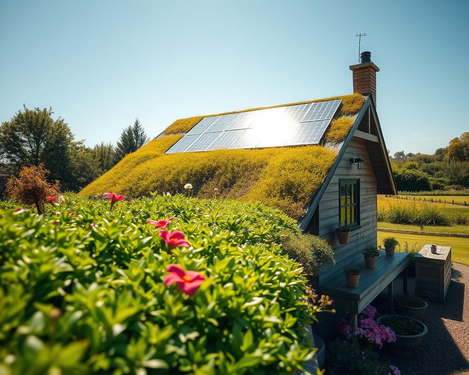 A picturesque garden house with a green roof featuring lush vegetation and vibrant plants, seamlessly integrated with solar panels glistening in the sun. The foreground should show the detailed texture of the roof's vegetation, while the middle focuses on the unique, modern design of the garden house, with sunlit solar panels affixed to the sloping roof. The background captures a serene garden landscape with blooming flowers and soft grass, under a clear blue sky. The lighting is warm and inviting, creating a tranquil atmosphere. The angle should be slightly elevated, presenting a well-composed view that highlights both the green elements and solar efficiency, reflecting sustainability and harmony with nature. A picturesque garden house with a green roof featuring lush vegetation and vibrant plants, seamlessly integrated with solar panels glistening in the sun. The foreground should show the detailed texture of the roof's vegetation, while the middle focuses on the unique, modern design of the garden house, with sunlit solar panels affixed to the sloping roof. The background captures a serene garden landscape with blooming flowers and soft grass, under a clear blue sky. The lighting is warm and inviting, creating a tranquil atmosphere. The angle should be slightly elevated, presenting a well-composed view that highlights both the green elements and solar efficiency, reflecting sustainability and harmony with nature.