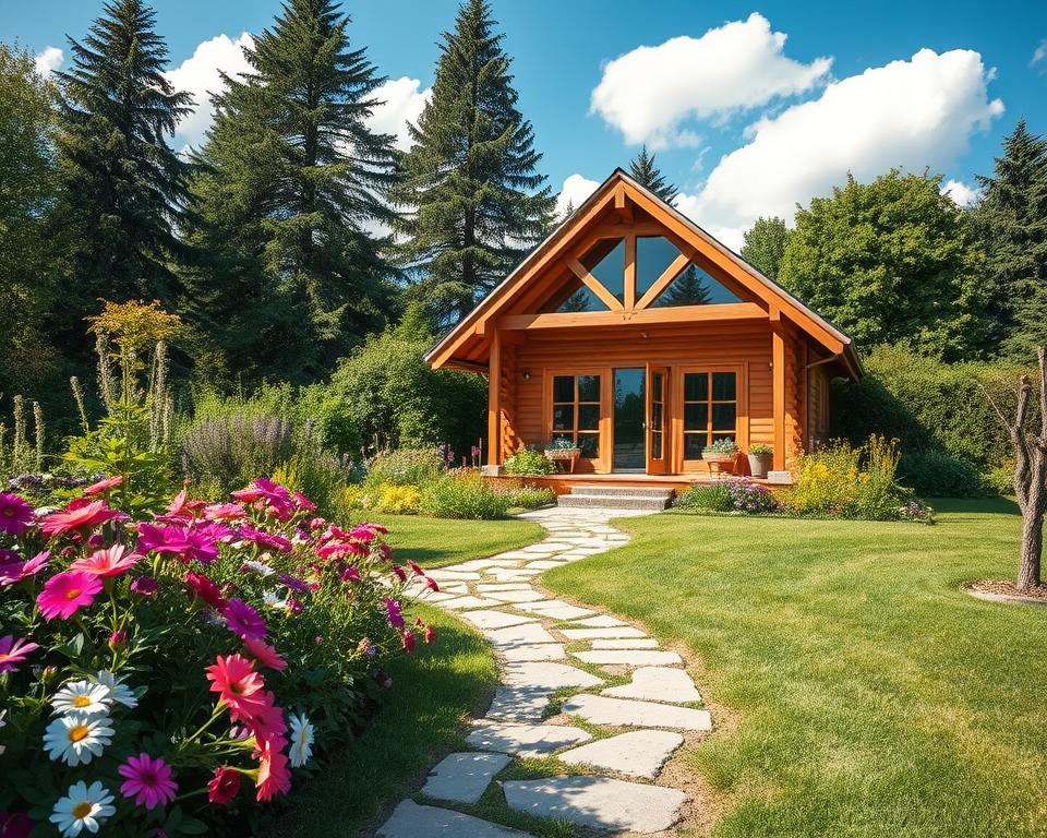 A picturesque garden scene featuring a charming "Satteldach" (gable roof) wooden house, nestled in a lush, green landscape. In the foreground, colorful flowers bloom alongside a quaint stone path leading to the entrance of the house. The middle section displays the beautifully constructed garden house with its classic gable roof, accented by wooden beams and large windows reflecting the sunlight. In the background, tall trees provide a natural backdrop, and a clear blue sky with fluffy white clouds enhances the serene atmosphere. The lighting is warm and inviting, suggesting a sunny afternoon, captured with a soft focus to create a tranquil mood. The entire scene embodies the essence of classic garden aesthetics, perfect for a cozy getaway. A picturesque garden scene featuring a charming "Satteldach" (gable roof) wooden house, nestled in a lush, green landscape. In the foreground, colorful flowers bloom alongside a quaint stone path leading to the entrance of the house. The middle section displays the beautifully constructed garden house with its classic gable roof, accented by wooden beams and large windows reflecting the sunlight. In the background, tall trees provide a natural backdrop, and a clear blue sky with fluffy white clouds enhances the serene atmosphere. The lighting is warm and inviting, suggesting a sunny afternoon, captured with a soft focus to create a tranquil mood. The entire scene embodies the essence of classic garden aesthetics, perfect for a cozy getaway.