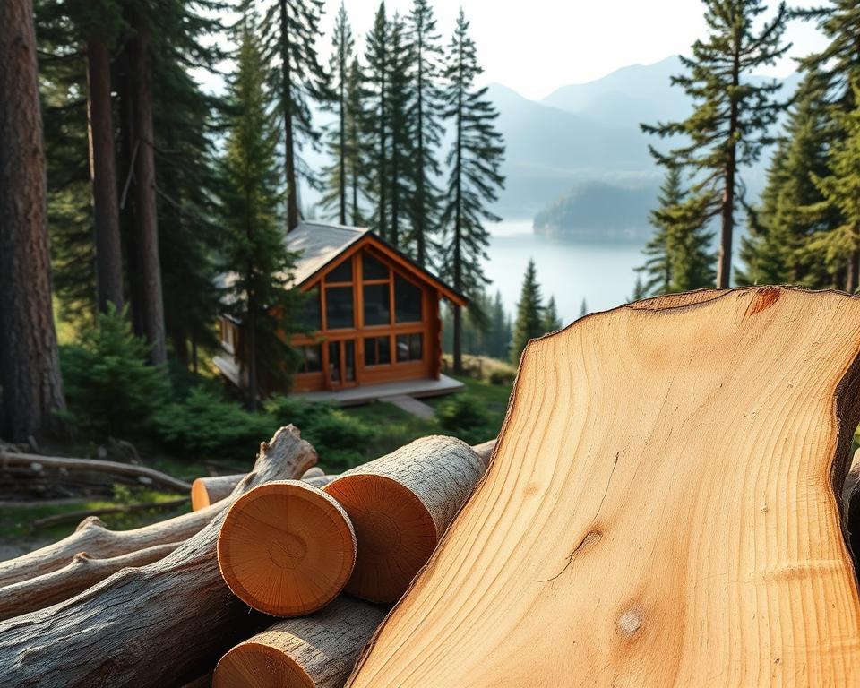 A serene Scandinavian forest scene featuring premium spruce wood from the fjord regions. In the foreground, showcase raw, beautifully grained spruce timber logs, with rich textures and natural hues of pale yellow to light brown. In the middle ground, depict a picturesque, expertly crafted wooden cabin with large windows, nestled among towering evergreen trees, surrounded by lush greenery. The background reveals distant fjords with misty mountains under a soft, diffused morning light, casting gentle shadows. The atmosphere should evoke tranquility and the essence of nature, highlighting the high quality of Scandinavian spruce wood. Use a wide-angle lens perspective, capturing the depth and beauty of the landscape. A serene Scandinavian forest scene featuring premium spruce wood from the fjord regions. In the foreground, showcase raw, beautifully grained spruce timber logs, with rich textures and natural hues of pale yellow to light brown. In the middle ground, depict a picturesque, expertly crafted wooden cabin with large windows, nestled among towering evergreen trees, surrounded by lush greenery. The background reveals distant fjords with misty mountains under a soft, diffused morning light, casting gentle shadows. The atmosphere should evoke tranquility and the essence of nature, highlighting the high quality of Scandinavian spruce wood. Use a wide-angle lens perspective, capturing the depth and beauty of the landscape.