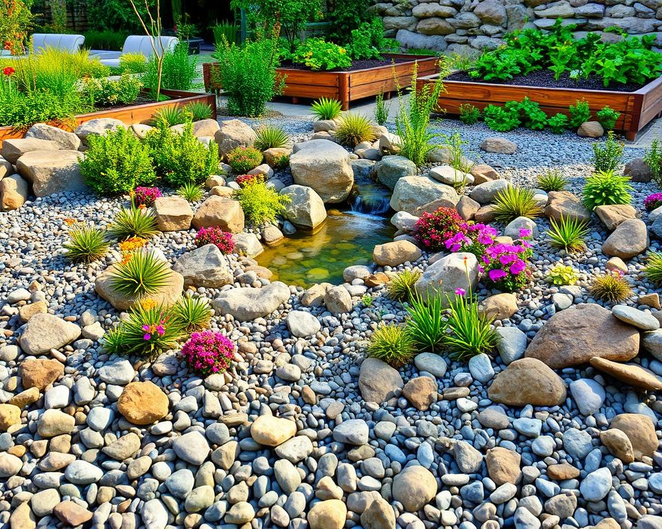 A serene and meticulously maintained rock garden, showcasing diverse types of stones, gravel, and vibrant alpine plants. In the foreground, a variety of succulents and flowering perennials are interspersed among smooth pebbles, with a small, clear path winding through them. The middle ground features a gently flowing water feature, surrounded by lush greenery, creating a tranquil oasis. In the background, wooden raised beds filled with herbs and other plants blend harmoniously with the rocky landscape. The scene is illuminated by soft, warm sunlight, casting gentle shadows and enhancing the textures of the rocks and foliage. The overall atmosphere is peaceful and inviting, perfect for a sanctuary of natural beauty.