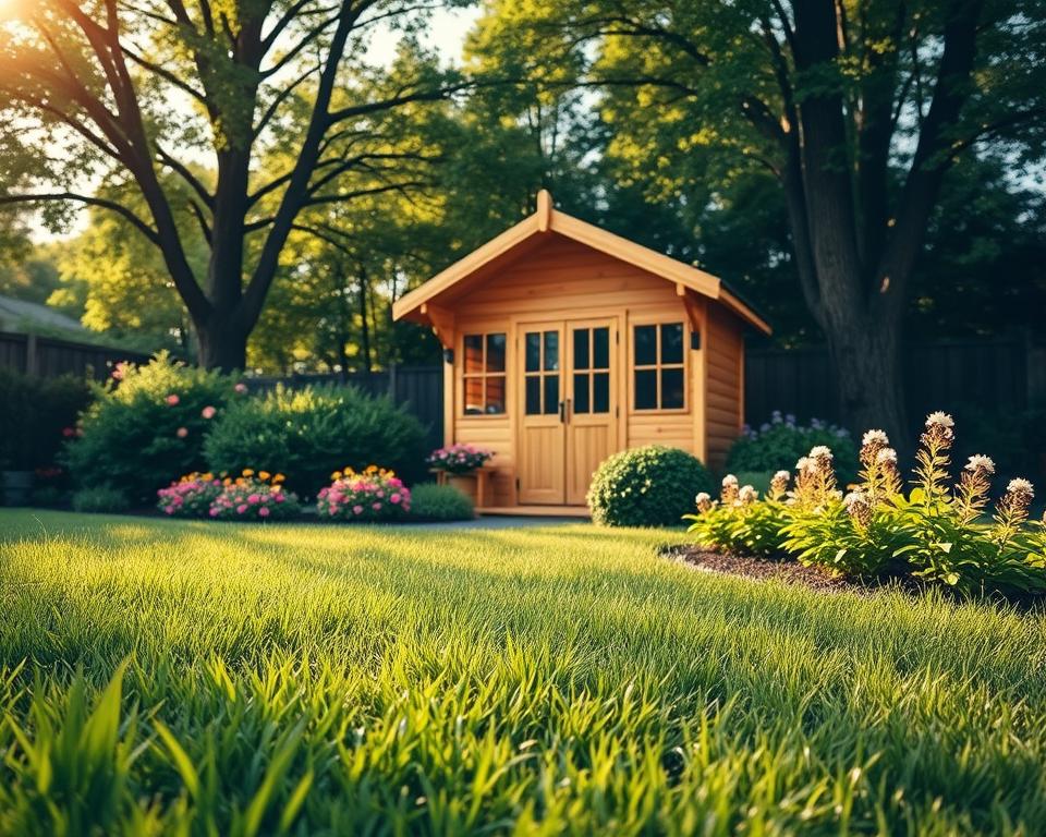 A serene garden scene featuring a beautiful wooden garden house made of spruce wood, showcasing its natural texture and warm tones. In the foreground, luscious green grass leads up to the garden house, surrounded by colorful blooming flowers and small bushes. The middle ground features the distinctive grain of the spruce wood, highlighting its aesthetic appeal and durability. In the background, tall trees provide dappled sunlight filtering through the leaves, creating a peaceful atmosphere. The lighting is soft and warm, mimicking the golden hour, emphasizing the natural beauty of the setting. The image captures a tranquil, inviting mood, illustrating the charm of using spruce wood for garden structures. No text or overlays are present in the image. A serene garden scene featuring a beautiful wooden garden house made of spruce wood, showcasing its natural texture and warm tones. In the foreground, luscious green grass leads up to the garden house, surrounded by colorful blooming flowers and small bushes. The middle ground features the distinctive grain of the spruce wood, highlighting its aesthetic appeal and durability. In the background, tall trees provide dappled sunlight filtering through the leaves, creating a peaceful atmosphere. The lighting is soft and warm, mimicking the golden hour, emphasizing the natural beauty of the setting. The image captures a tranquil, inviting mood, illustrating the charm of using spruce wood for garden structures. No text or overlays are present in the image.