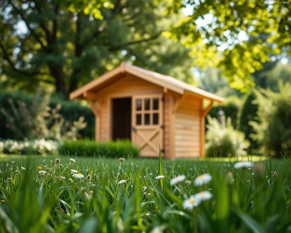 A serene garden scene featuring a sturdy wooden garden house made of spruce wood, showcasing its natural texture and grain. In the foreground, include lush green grass sprinkled with delicate wildflowers, enhancing the sense of a vibrant garden. The middle ground showcases the rustic garden house with a sloped roof, and the wood is treated for weather resistance, reflecting a light sheen from recent rain. In the background, lightly blurred trees and shrubs create a natural frame, while soft sunlight breaks through the leaves, casting dappled shadows on the ground. The atmosphere is tranquil and inviting, emphasizing durability and protection against the elements, making it an ideal choice for outdoor structures. Use a warm color palette to evoke a sense of comfort and longevity. A serene garden scene featuring a sturdy wooden garden house made of spruce wood, showcasing its natural texture and grain. In the foreground, include lush green grass sprinkled with delicate wildflowers, enhancing the sense of a vibrant garden. The middle ground showcases the rustic garden house with a sloped roof, and the wood is treated for weather resistance, reflecting a light sheen from recent rain. In the background, lightly blurred trees and shrubs create a natural frame, while soft sunlight breaks through the leaves, casting dappled shadows on the ground. The atmosphere is tranquil and inviting, emphasizing durability and protection against the elements, making it an ideal choice for outdoor structures. Use a warm color palette to evoke a sense of comfort and longevity.