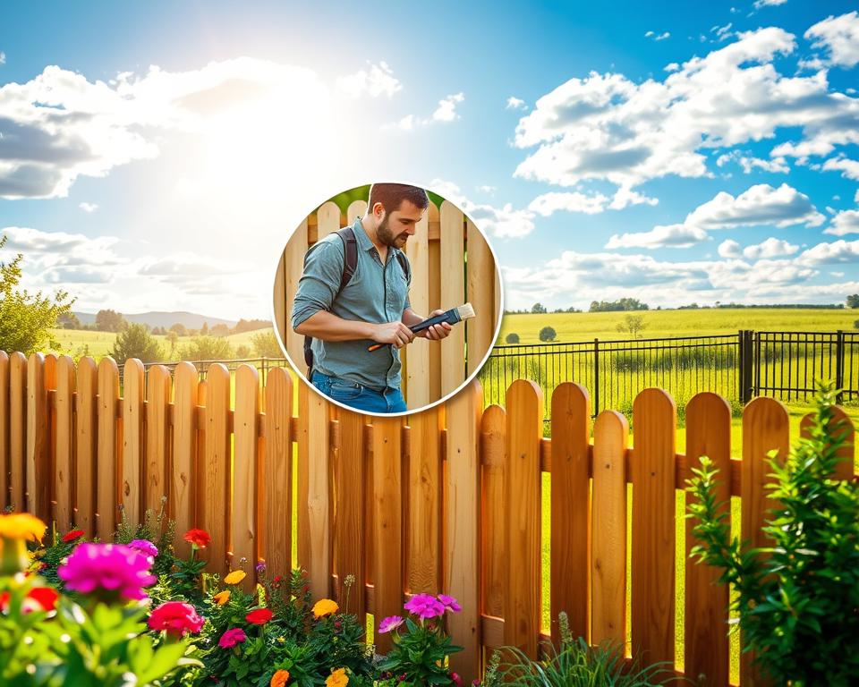 A serene garden scene featuring a variety of popular privacy fences, showcasing different styles and materials like wood, vinyl, and metal. In the foreground, there's a well-maintained wooden fence surrounded by vibrant flowers and lush greenery, highlighting the beauty of regular maintenance. In the middle, a close-up of a gardener in modest casual clothing, inspecting the fence, equipped with tools for care, such as a paintbrush and protective coatings. The background features a sun-drenched landscape with a blue sky and scattered clouds, creating a calm, inviting atmosphere. Soft, natural lighting pours over the scene, emphasizing the textures of the fence and foliage, while a shallow depth of field focuses on the subject, blurring the background gently.