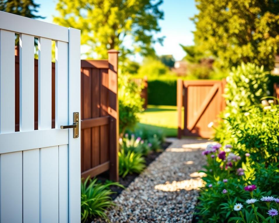 A serene garden scene featuring low-maintenance garden gates made from PVC and WPC materials. In the foreground, a stylish white PVC gate is partially open, showcasing its sleek design with modern vertical slats. Next to it, a brown WPC gate complements the natural surroundings, accented by lush greenery and flowering plants. In the middle ground, a well-maintained gravel path leads past the gates, inviting viewers to explore the garden. The background includes soft, blurred trees and a bright blue sky, creating a tranquil atmosphere. The lighting is warm and bright, evoking a sunny afternoon with gentle shadows cast by the gates. The image captures the beauty and functionality of these garden gates in a peaceful setting, highlighting their aesthetic appeal and ease of maintenance.
