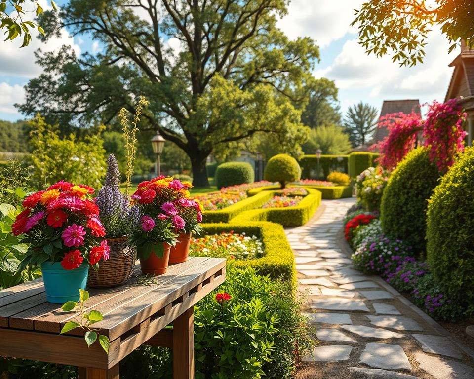 A serene garden scene featuring natural decorations made from a variety of vibrant plants and flowers. In the foreground, a rustic wooden table adorned with colorful flower pots overflowing with blooming plants, surrounded by lush green foliage. In the middle ground, a quaint stone pathway meandering through neatly trimmed hedges and cascading flower beds, creating a serene atmosphere. The background showcases a soft-focus view of towering trees under a bright blue sky with fluffy white clouds. The lighting is warm and inviting, simulating a late afternoon sun filtering through the leaves, casting gentle shadows. The mood is tranquil and inspiring, perfect for a peaceful outdoor retreat.