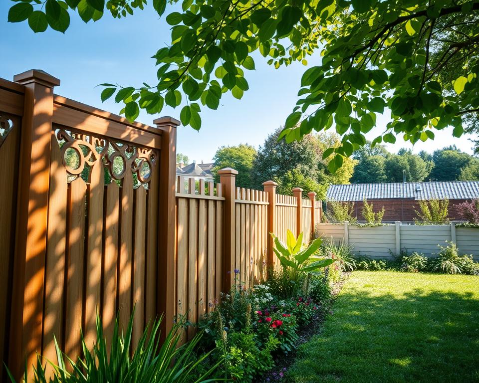 A serene garden scene in Germany showcasing various popular privacy fences, emphasizing legal conditions surrounding garden construction. In the foreground, an elegant wooden fence with intricate designs and lush greenery, symbolizing compliance with regulations. The middle ground features a mix of modern and traditional fences, each representing different regional regulations, smoothly integrating with flowering plants. The background includes a clear blue sky and distant trees, adding depth to the scene. Soft sunlight filters through the leaves, creating a warm and inviting atmosphere. The angle should capture a wide view, emphasizing the diversity of fences. Overall, the mood is peaceful and informative, suitable for illustrating the nuances of legal frameworks in landscaping.