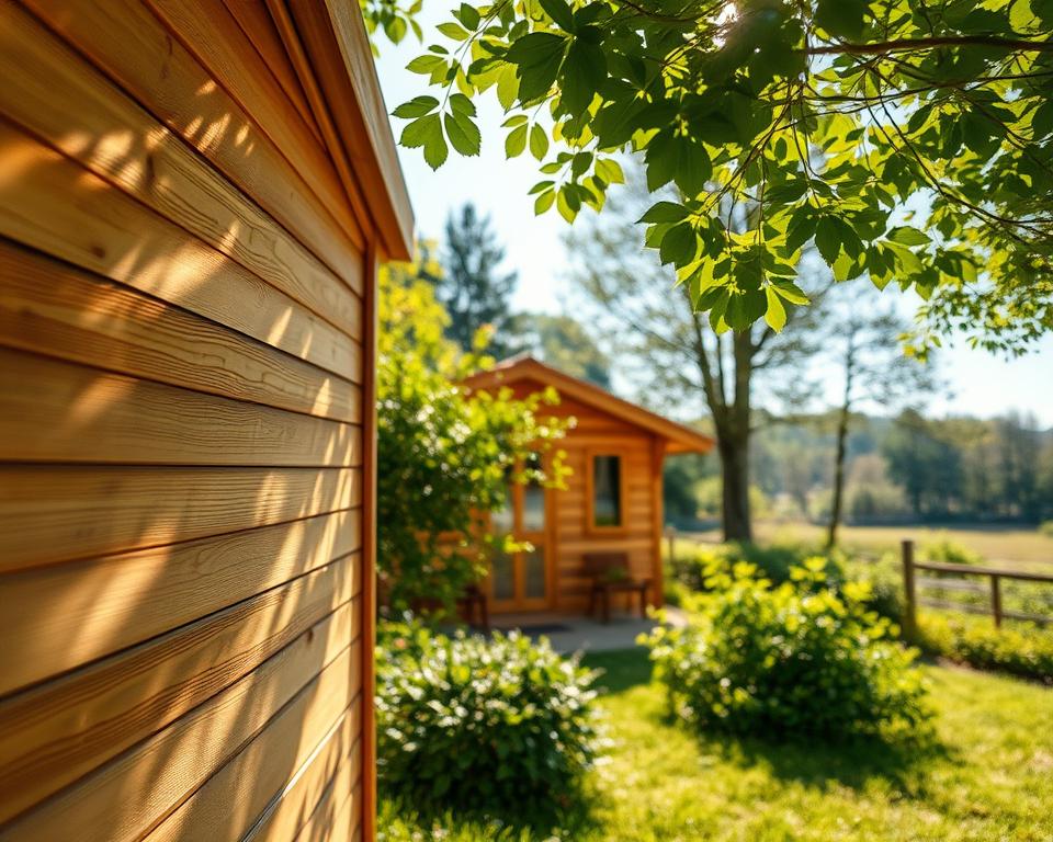 A serene garden scene showcasing a compact, charming garden house made of spruce wood, highlighting its natural insulating properties. In the foreground, show the finely detailed wood texture of the walls, emphasizing the warmth of the timber. In the middle ground, depict the garden house nestled among lush greenery, with sunlight filtering through leaves, casting dappled shadows. The background features a soft-focus landscape of trees and a clear blue sky, evoking a sense of tranquility. Use warm, natural lighting to accentuate the insulating aura of the wood. The image should convey a cozy, inviting atmosphere, perfect for illustrating the idea of natural thermal insulation. A serene garden scene showcasing a compact, charming garden house made of spruce wood, highlighting its natural insulating properties. In the foreground, show the finely detailed wood texture of the walls, emphasizing the warmth of the timber. In the middle ground, depict the garden house nestled among lush greenery, with sunlight filtering through leaves, casting dappled shadows. The background features a soft-focus landscape of trees and a clear blue sky, evoking a sense of tranquility. Use warm, natural lighting to accentuate the insulating aura of the wood. The image should convey a cozy, inviting atmosphere, perfect for illustrating the idea of natural thermal insulation.