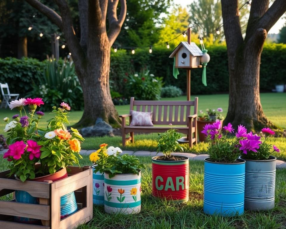A serene garden scene showcasing creative DIY garden decoration ideas. In the foreground, vibrant flower pots made from repurposed materials, such as an old wooden crate and colorful tin cans, bursting with blooming plants. The middle ground features a whimsical birdhouse crafted from reclaimed wood, adorned with hand-painted designs. A charming garden bench, flanked by fairy lights strung between two trees, invites relaxation. In the background, lush greenery and a well-maintained lawn create a tranquil atmosphere. The lighting is soft and warm, suggesting late afternoon sunlight, casting gentle shadows and enhancing the cozy ambiance. The angle captures both details of the decorations and the serenity of the garden space, evoking a sense of creativity and personal touch in outdoor decor.