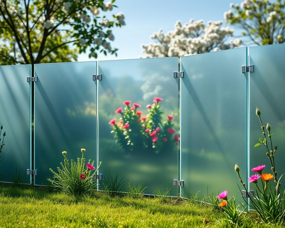 A serene garden scene showcasing elegant glass and acrylic elements that provide privacy without sacrificing transparency. In the foreground, a sleek, modern fence made of frosted glass panels and clear acrylic, blending seamlessly into the natural surroundings. These elements reflect sunlight, casting soft, colorful patterns on the grass below. In the middle ground, lush green plants and vibrant flowers frame the fencing, enhancing its beauty and adding a lively, organic touch. In the background, a gentle, blurred landscape of blooming trees under a clear blue sky creates a peaceful atmosphere. Soft, diffused lighting suggests a sunny afternoon, highlighting the sophistication of the glass and acrylic materials. The mood is tranquil and inviting, perfect for any garden setting.