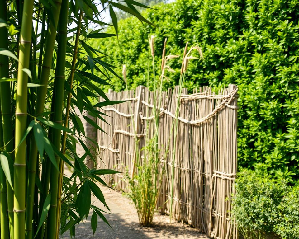 A serene garden scene showcasing natural fence alternatives, featuring lush bamboo shoots, woven willow branches, tall reeds, and vibrant hedges. In the foreground, a close-up of bamboo stalks with sunlight filtering through leaves, casting intricate shadows on the ground. In the middle ground, a rustic willow fence intertwines with reeds, creating a harmonious blend of textures. The background features a dense, vibrant hedge, lush and full, with soft sunlight illuminating the greenery. Capture the essence of a tranquil outdoor space, emphasizing natural beauty and sustainability. Use soft, natural lighting to enhance the warmth of the scene, with a slightly elevated angle for a comprehensive view, invoking a peaceful and inviting atmosphere.