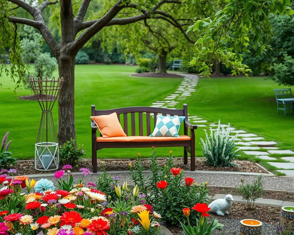 A serene garden scene showcasing unique decorative accents that highlight outdoor beauty. In the foreground, a beautifully arranged flower bed featuring vibrant blooms, complemented by elegant geometrics and artistic sculptures. In the middle, a charming wooden bench layered with colorful cushions, surrounded by decorative fairy lights hanging delicately from nearby trees, creating a whimsical ambiance. The background features a lush green lawn and an old stone path weaving through the garden, with soft, dappled sunlight filtering through the leaves, enhancing the colors. The overall mood is inviting and tranquil, suggesting a perfect outdoor retreat. Shot with a wide-angle lens to capture depth and detail, emphasizing the vibrancy and creativity of garden decoration accents.