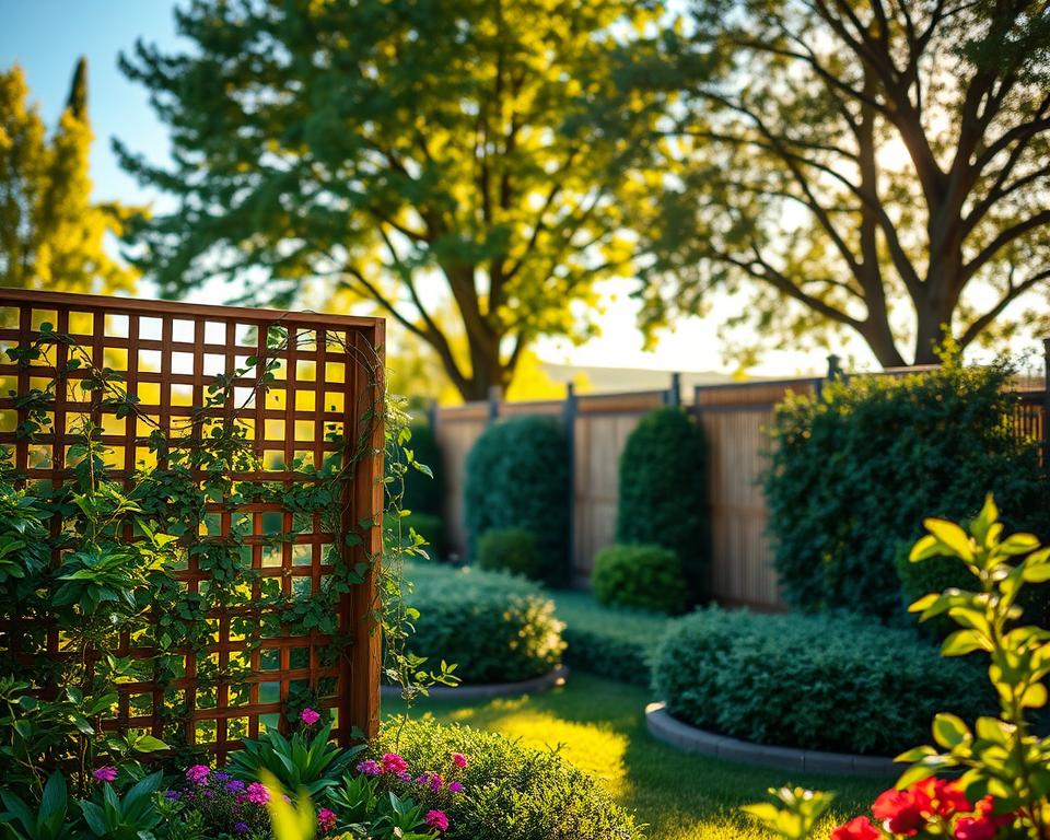 A serene garden scene showcasing various privacy screen solutions. In the foreground, rich green foliage and vibrant flower beds frame a wooden lattice privacy screen adorned with climbing vines, creating a cozy nook. In the middle ground, there are elegant bamboo fences and a stylish hedge providing natural barriers, blending harmoniously with the environment. The background features a soft blur of lush trees under a clear blue sky, with golden sunlight filtering through, casting gentle shadows. The atmosphere feels tranquil and inviting, perfect for relaxation in an outdoor space. The image should be captured with a soft focus lens, emphasizing warmth and serenity, avoiding any human presence to maintain a peaceful atmosphere.