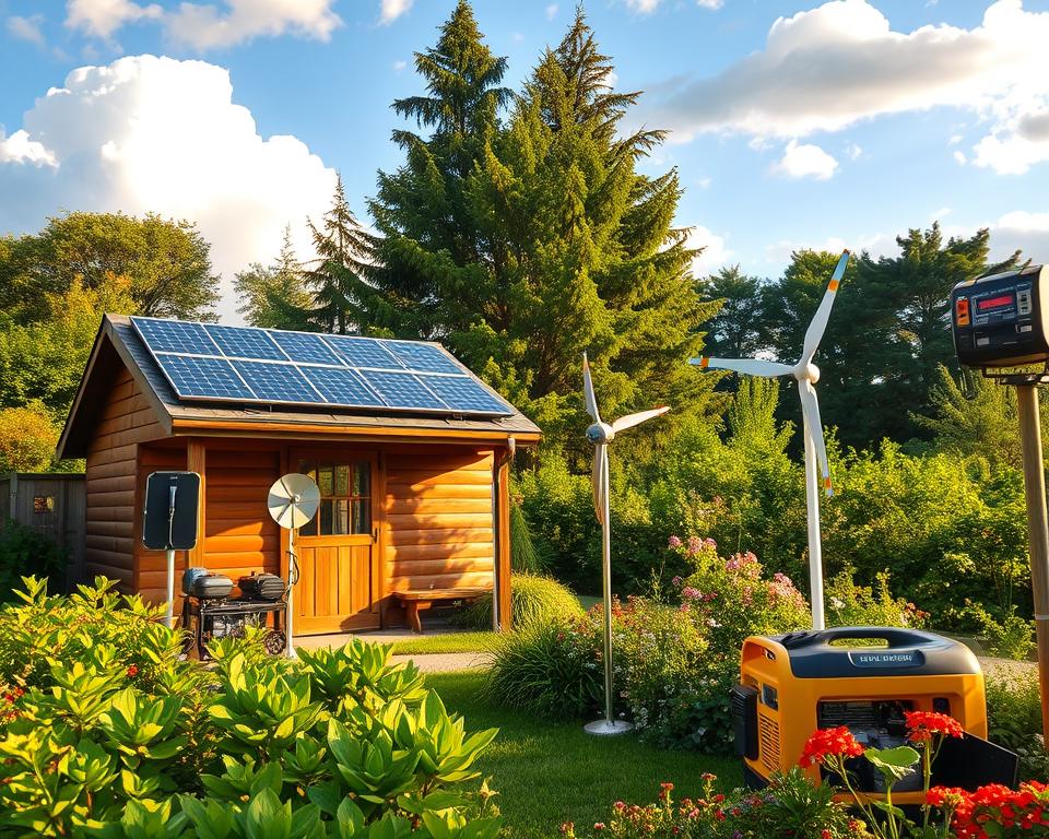 A serene garden setting featuring a rustic wooden garden shed, beautifully illuminated by soft, warm afternoon sunlight. In the foreground, a variety of energy sources are displayed, including solar panels on the roof, a small wind turbine nearby, and a generator visible next to the shed. The middle ground showcases lush green plants and colorful flowers, enhancing the peaceful atmosphere. In the background, tall trees provide shade, and a clear blue sky is dotted with fluffy white clouds. The perspective is slightly elevated, capturing the entirety of the scene, with a focus on the harmony between nature and sustainable energy. The overall mood is tranquil and inviting, emphasizing an eco-friendly lifestyle. A serene garden setting featuring a rustic wooden garden shed, beautifully illuminated by soft, warm afternoon sunlight. In the foreground, a variety of energy sources are displayed, including solar panels on the roof, a small wind turbine nearby, and a generator visible next to the shed. The middle ground showcases lush green plants and colorful flowers, enhancing the peaceful atmosphere. In the background, tall trees provide shade, and a clear blue sky is dotted with fluffy white clouds. The perspective is slightly elevated, capturing the entirety of the scene, with a focus on the harmony between nature and sustainable energy. The overall mood is tranquil and inviting, emphasizing an eco-friendly lifestyle.