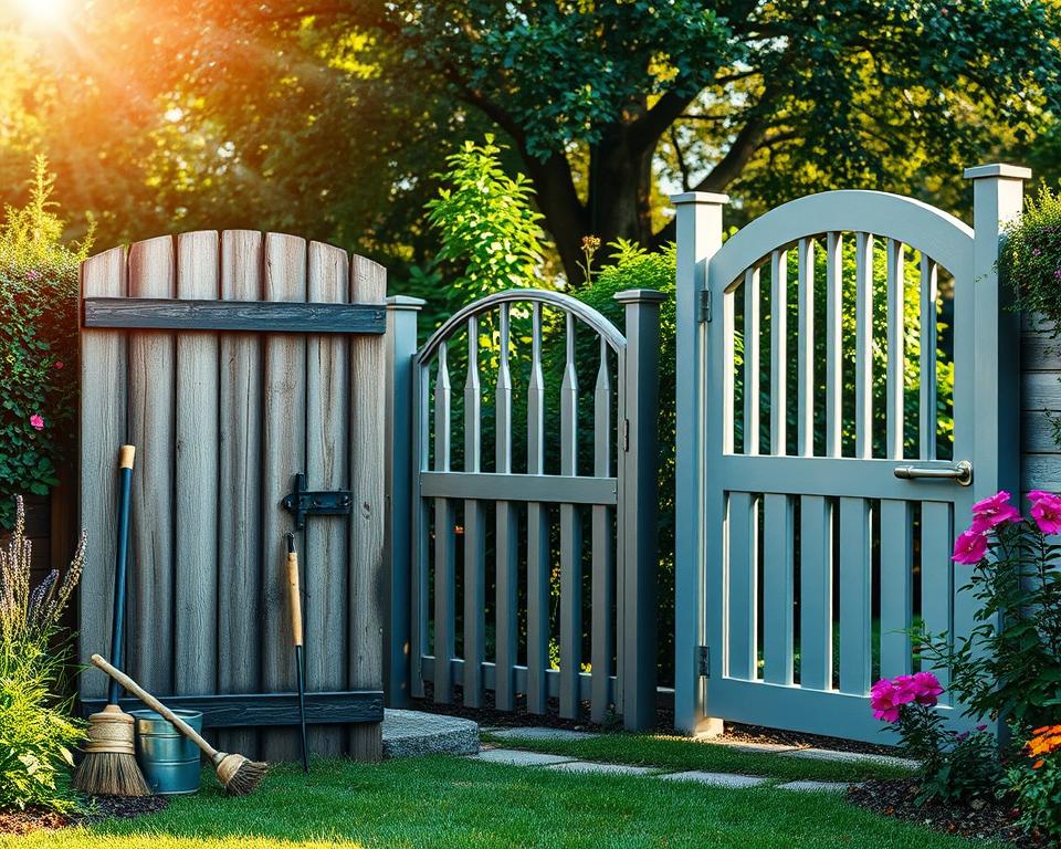 A serene garden setting featuring various types of garden gates, emphasizing their maintenance and care. In the foreground, showcase a rustic wooden gate with subtle wear, surrounded by garden tools such as a brush and wood oil can. To the side, depict a metal gate that gleams under natural sunlight, reflecting the meticulous maintenance. In the middle ground, include a stylish vinyl gate, showcasing its durability and easy upkeep. In the background, lush greenery and colorful flowers add life to the scene, with soft sunlight filtering through trees, creating a warm and inviting atmosphere. Capture this from a slightly elevated angle, with a focus on clarity and detail, enhancing the mood of care and attention in garden maintenance.
