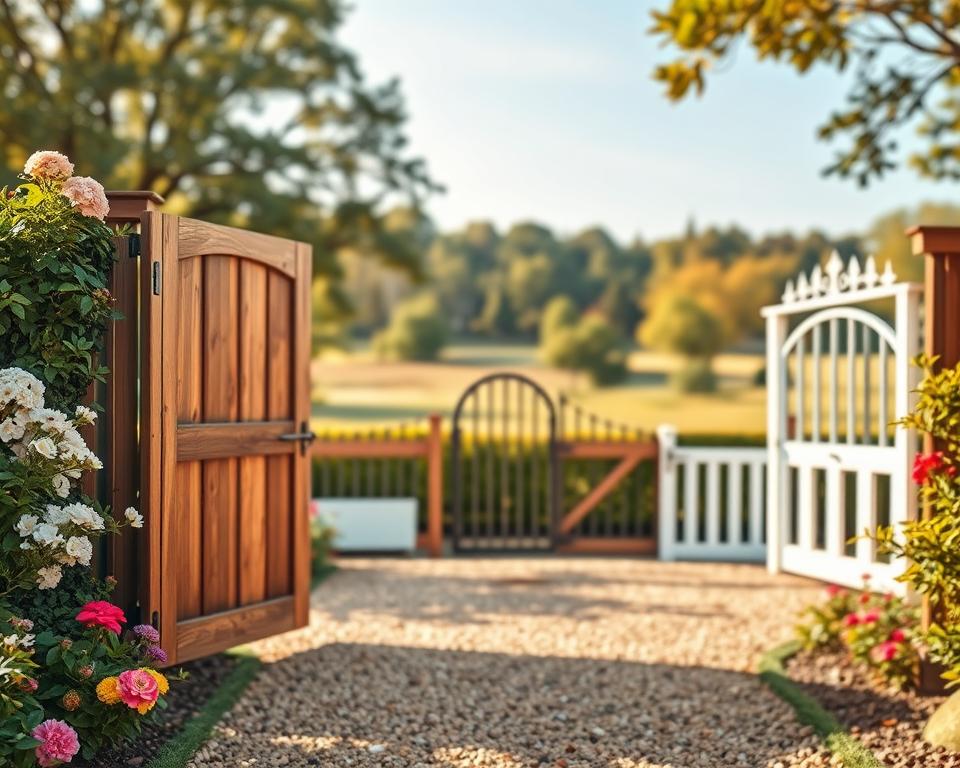 A serene garden setting focused on a variety of garden gates displayed in an organized manner, including wooden, wrought iron, and modern styles. In the foreground, showcase an open gate inviting viewers into the garden, surrounded by blooming flowers and lush greenery. The middle ground features a selection of gates with their widths visibly marked for comparison, elegantly arranged on a gravel pathway. In the background, a softly blurred landscape of trees and a clear blue sky creates a peaceful atmosphere. The lighting is warm and natural, resembling the golden hour of late afternoon, enhancing the inviting and tranquil mood. Use a wide-angle view to capture the garden's depth without any text or distractions, ensuring a professional tone.
