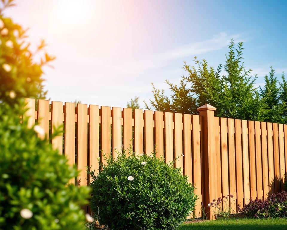 A serene garden setting showcasing WPC (Wood Plastic Composite) and BPC (Bamboo Plastic Composite) fences, highlighting their sleek, maintenance-free design. In the foreground, focus on a beautifully crafted fence section in a natural wood-like texture, its sturdy and elegant structure emphasized. In the middle ground, lush green bushes and blossoming flowers frame the fence, creating a vibrant contrast. The background features a clear blue sky, gently illuminated by warm sunlight, adding a calm and inviting atmosphere. The image should be captured from a slightly elevated angle for depth, with soft shadows to enhance the 3D effect. The overall mood is peaceful and harmonious, ideal for showcasing this durable and stylish garden feature.