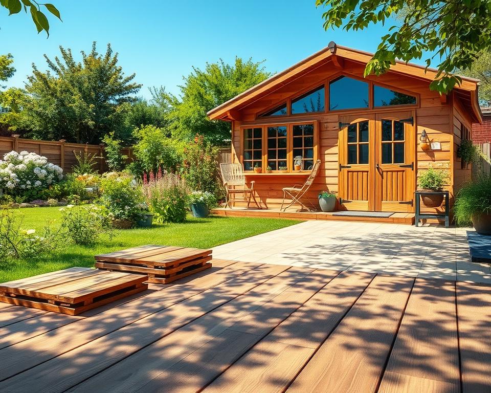 A serene garden setting showcasing a variety of garden house flooring materials. In the foreground, display several samples of different materials, such as treated wood planks, interlocking tiles, and composite decking, arranged neatly on a sun-drenched patio. The middle ground features a charming garden house, constructed from rustic wood, with large windows and a welcoming door. The background should include vibrant greenery, such as flowering plants and trees, under a clear blue sky. Soft, warm lighting filters through the leaves, casting delicate shadows. The atmosphere is peaceful and inspiring, emphasizing quality craftsmanship and natural beauty in outdoor living spaces.