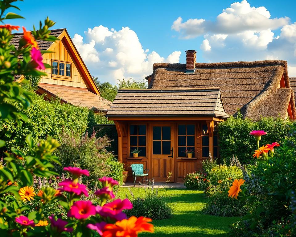 A serene garden setting with a cozy wooden garden house, showcasing various roof types such as gabled, flat, and hipped. In the foreground, vibrant flowers and shrubs frame the scene, adding a splash of color. The middle ground features the garden house, with intricate details on the roofing materials like shingles, tiles, and thatch, each highlighted under soft morning light. The background shows a clear blue sky with fluffy white clouds, enhancing the peaceful atmosphere. The overall mood is inviting and warm, perfect for illustrating decision-making factors in roof selection. Use a slightly elevated camera angle, giving a comprehensive view of the house's architecture while maintaining naturalistic lighting. A serene garden setting with a cozy wooden garden house, showcasing various roof types such as gabled, flat, and hipped. In the foreground, vibrant flowers and shrubs frame the scene, adding a splash of color. The middle ground features the garden house, with intricate details on the roofing materials like shingles, tiles, and thatch, each highlighted under soft morning light. The background shows a clear blue sky with fluffy white clouds, enhancing the peaceful atmosphere. The overall mood is inviting and warm, perfect for illustrating decision-making factors in roof selection. Use a slightly elevated camera angle, giving a comprehensive view of the house's architecture while maintaining naturalistic lighting.