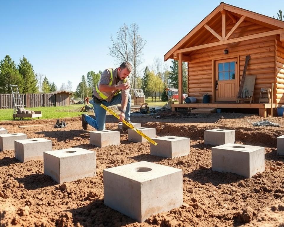A serene landscape depicting the construction of a point foundation for a wooden house. In the foreground, there are several neatly arranged concrete blocks set in a grid pattern, showing the beginning stages of the foundation. Each block is surrounded by fresh, undisturbed soil. In the middle ground, a skilled carpenter, dressed in professional work attire, is carefully measuring and leveling the blocks with a spirit level. He is focused, creating a sense of diligence. In the background, a picturesque wooden cottage is partially constructed, with tools and materials scattered around, along with trees and a clear blue sky. The scene is bright, showcasing soft, natural sunlight illuminating the area, creating a warm and inviting atmosphere. A serene landscape depicting the construction of a point foundation for a wooden house. In the foreground, there are several neatly arranged concrete blocks set in a grid pattern, showing the beginning stages of the foundation. Each block is surrounded by fresh, undisturbed soil. In the middle ground, a skilled carpenter, dressed in professional work attire, is carefully measuring and leveling the blocks with a spirit level. He is focused, creating a sense of diligence. In the background, a picturesque wooden cottage is partially constructed, with tools and materials scattered around, along with trees and a clear blue sky. The scene is bright, showcasing soft, natural sunlight illuminating the area, creating a warm and inviting atmosphere.