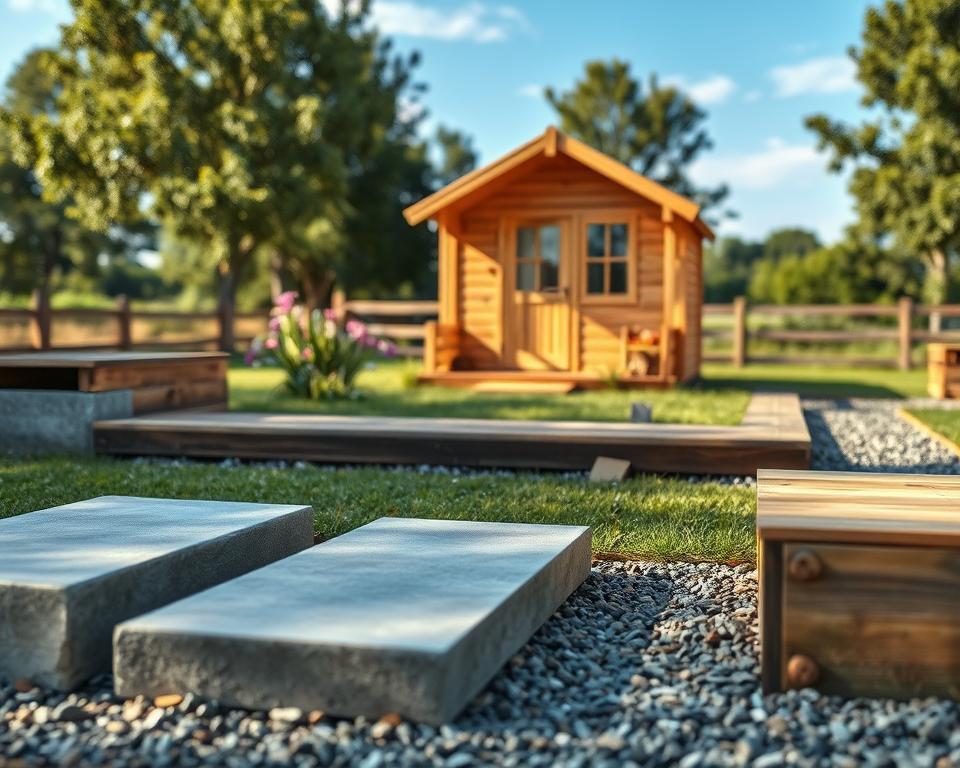 A serene outdoor scene depicting a wooden garden house nestled on a thoughtfully constructed foundation. In the foreground, showcase a close-up view of various foundation types such as concrete slabs, wooden beams, and gravel beds, arranged artistically to highlight their dimensions and textures. In the middle ground, place the charming garden house, designed in a quaint, traditional style, with a vibrant green lawn around it and blooming flowers, setting an inviting atmosphere. The background features a distant view of trees and a clear blue sky, with soft natural lighting casting gentle shadows. The composition should evoke a sense of harmony and professionalism, emphasizing the importance of selecting the right foundation size for a garden project. Use a slight angle to add depth, making the scene dynamic yet calming. A serene outdoor scene depicting a wooden garden house nestled on a thoughtfully constructed foundation. In the foreground, showcase a close-up view of various foundation types such as concrete slabs, wooden beams, and gravel beds, arranged artistically to highlight their dimensions and textures. In the middle ground, place the charming garden house, designed in a quaint, traditional style, with a vibrant green lawn around it and blooming flowers, setting an inviting atmosphere. The background features a distant view of trees and a clear blue sky, with soft natural lighting casting gentle shadows. The composition should evoke a sense of harmony and professionalism, emphasizing the importance of selecting the right foundation size for a garden project. Use a slight angle to add depth, making the scene dynamic yet calming.
