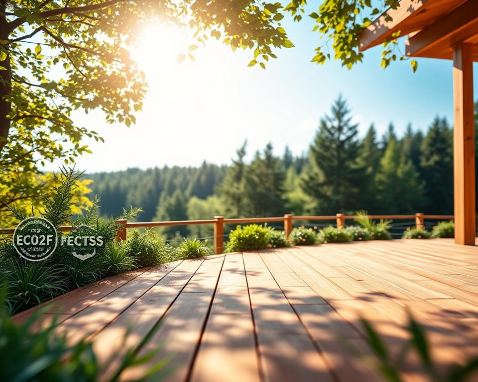 A serene outdoor scene depicting sustainability in the context of wooden terrace roofing. In the foreground, showcase a beautifully crafted wooden terrace with a natural finish, surrounded by lush greenery and native plants, highlighting regionality. Include symbols of certification, such as badges or icons discreetly integrated into the landscape, emphasizing CO₂ balance. The middle layer features a clear blue sky with soft, warm sunlight filtering through tree leaves, creating a gentle dappled effect on the terrace. In the background, a peaceful forest or woodland setting symbolizes local resources. Capture the scene with a shallow depth of field to put focus on the terrace while subtly blurring the background, conveying a calming and eco-friendly atmosphere.