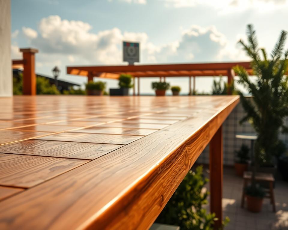 A serene outdoor scene featuring a wooden terrace roof, showcasing the intricate surface treatment and maintenance strategies. In the foreground, a close-up of polished wooden beams reveals the texture and natural grain of the wood, glistening under soft sunlight. In the middle ground, a gentle slope of the terrace roof captures clear reflections of the sky, surrounded by lush greenery and potted plants that enhance the natural aesthetic. The background includes a light, blue sky with soft clouds, creating a calm atmosphere. The lighting is warm and inviting, mimicking late afternoon sunlight. The angle is slightly elevated, providing a comprehensive view of the terrace roof structure while emphasizing its durability and beauty. Overall, the mood conveys tranquility and the importance of proper wood care.