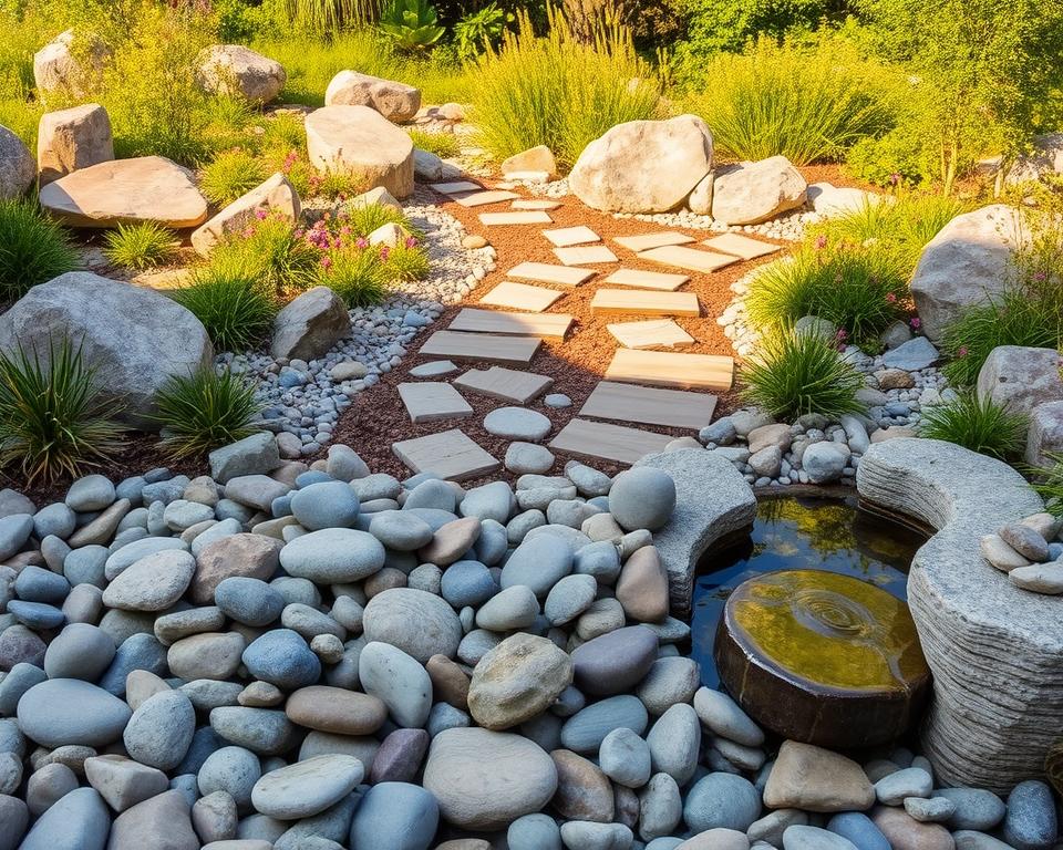 A serene rock garden designed with a variety of stones, pebbles, and boulders, featuring a harmonious blend of plants such as succulents and ornamental grasses. In the foreground, a carefully arranged assortment of smooth river stones sets a natural tone, while a small water feature provides a tranquil sound, enhancing the atmosphere. The middle area showcases artistic elements like decorative pavers and wooden pathways meandering through vibrant patches of wildflowers, creating a welcoming feel. In the background, lush greenery is interspersed with larger rocks, bathed in warm, golden sunlight that casts gentle shadows, evoking a peaceful, meditative environment. The overall mood is one of tranquility and inspiration, perfect for showcasing creative ideas for a stunning stone garden.