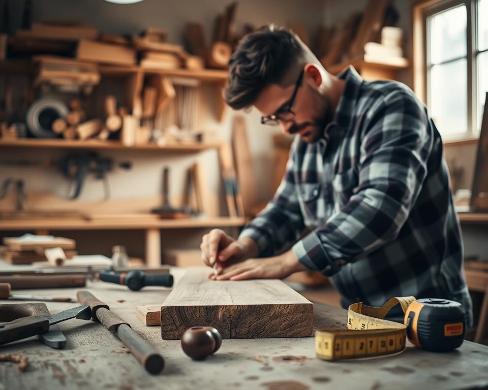 A skilled craftsman carefully working on a fresh piece of spruce wood in a well-lit workshop. In the foreground, detailed tools such as a chisel, saw, and measuring tape are scattered around, showcasing the craftsmanship process. The middle ground features the craftsman, dressed in modest casual clothing, focusing on shaping the wood with precision. The background reveals wooden shelves filled with various woodworking tools and raw materials, illuminated by soft, natural light pouring in from a nearby window. The atmosphere is warm and inviting, highlighting the practicality and accessibility of working with spruce wood. The overall composition captures the essence of ease and professionalism in woodworking. A skilled craftsman carefully working on a fresh piece of spruce wood in a well-lit workshop. In the foreground, detailed tools such as a chisel, saw, and measuring tape are scattered around, showcasing the craftsmanship process. The middle ground features the craftsman, dressed in modest casual clothing, focusing on shaping the wood with precision. The background reveals wooden shelves filled with various woodworking tools and raw materials, illuminated by soft, natural light pouring in from a nearby window. The atmosphere is warm and inviting, highlighting the practicality and accessibility of working with spruce wood. The overall composition captures the essence of ease and professionalism in woodworking.