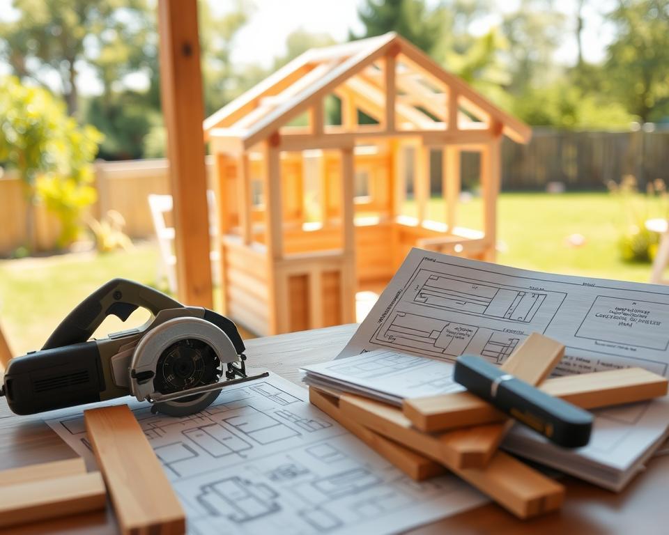 A step-by-step guide for building a wooden playhouse, showcasing detailed construction plans and tools. In the foreground, a table holds blueprints, a circular saw, and wooden planks. In the middle, a partially constructed wooden playhouse with visible framework, clearly illustrating dimensions and assembly points. In the background, a serene backyard scene with greenery and trees, adding a sense of tranquility. The lighting is natural, bright and inviting, simulating a sunny day, with soft shadows cast by the playhouse structure. The atmosphere feels warm and encouraging, ideal for DIY enthusiasts. The image is framed from a slightly elevated angle to provide a comprehensive view of the project, emphasizing the educational aspect of the construction process. A step-by-step guide for building a wooden playhouse, showcasing detailed construction plans and tools. In the foreground, a table holds blueprints, a circular saw, and wooden planks. In the middle, a partially constructed wooden playhouse with visible framework, clearly illustrating dimensions and assembly points. In the background, a serene backyard scene with greenery and trees, adding a sense of tranquility. The lighting is natural, bright and inviting, simulating a sunny day, with soft shadows cast by the playhouse structure. The atmosphere feels warm and encouraging, ideal for DIY enthusiasts. The image is framed from a slightly elevated angle to provide a comprehensive view of the project, emphasizing the educational aspect of the construction process.