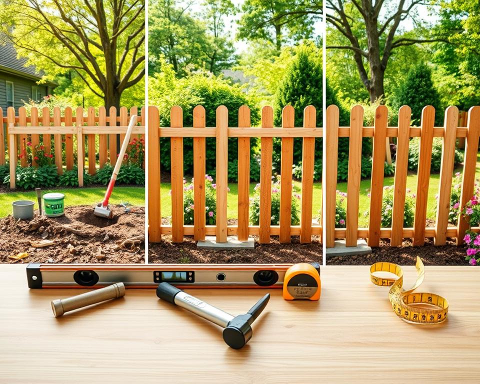 A step-by-step montage of fence installation in a serene garden setting. In the foreground, an assortment of tools, such as a spirit level, hammer, and measuring tape, are neatly arranged on a smooth, wooden surface. The middle ground features a partially completed wooden fence, showcasing different stages of assembly: digging post holes, setting posts in concrete, and attaching panels. In the background, a lush garden with colorful flowers and green shrubs adds vibrancy. Soft, natural daylight filters through the trees, casting gentle shadows, while the image is shot with a slight tilt to provide depth. The mood is focused and instructional, conveying a sense of detailed planning and workmanship in creating a private oasis.