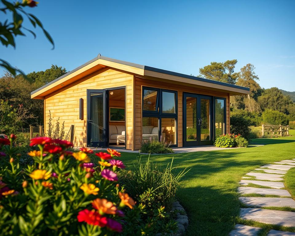 A stylish Pultdach garden house designed with a sloping roof, nestled in a lush green garden. In the foreground, there are vibrant flower beds and a stone pathway leading up to the house, emphasizing a welcoming atmosphere. The middle ground features the garden house with large windows, featuring wooden panels and a contemporary design, casting soft shadows. In the background, a serene landscape of trees and a clear blue sky completes the scene. The lighting is warm and inviting, akin to late afternoon sunlight, highlighting the textures of the wood and the foliage. The angle captures the house slightly from below, enhancing its stature against the natural backdrop. Overall, the mood is tranquil and charming, perfect for a relaxed outdoor living space. A stylish Pultdach garden house designed with a sloping roof, nestled in a lush green garden. In the foreground, there are vibrant flower beds and a stone pathway leading up to the house, emphasizing a welcoming atmosphere. The middle ground features the garden house with large windows, featuring wooden panels and a contemporary design, casting soft shadows. In the background, a serene landscape of trees and a clear blue sky completes the scene. The lighting is warm and inviting, akin to late afternoon sunlight, highlighting the textures of the wood and the foliage. The angle captures the house slightly from below, enhancing its stature against the natural backdrop. Overall, the mood is tranquil and charming, perfect for a relaxed outdoor living space.