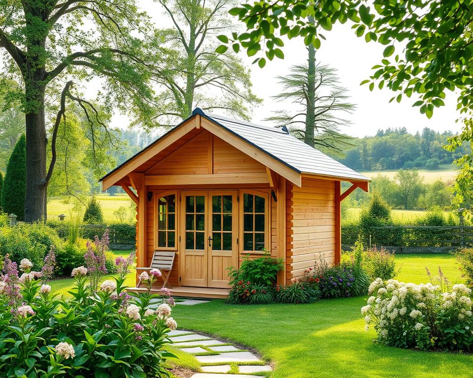 A tranquil garden scene featuring a beautifully constructed Walmdach Gartenhaus (hip roof garden house) at the center. The house is made from natural wood with rich textures, showcasing its stability and elegance. The foreground includes lush greenery with blooming flowers and a well-maintained path leading to the house. In the middle ground, the Walmdach's sloping roof design is prominent, demonstrating protection and favorable drainage. The background reveals a serene landscape with tall trees and soft, diffused sunlight filtering through leaves, casting gentle shadows on the structure. Capture this scene with a slightly elevated angle to emphasize the roof's symmetry and charm, conjuring a peaceful, inviting atmosphere that reflects the stability and shelter provided by the design. A tranquil garden scene featuring a beautifully constructed Walmdach Gartenhaus (hip roof garden house) at the center. The house is made from natural wood with rich textures, showcasing its stability and elegance. The foreground includes lush greenery with blooming flowers and a well-maintained path leading to the house. In the middle ground, the Walmdach's sloping roof design is prominent, demonstrating protection and favorable drainage. The background reveals a serene landscape with tall trees and soft, diffused sunlight filtering through leaves, casting gentle shadows on the structure. Capture this scene with a slightly elevated angle to emphasize the roof's symmetry and charm, conjuring a peaceful, inviting atmosphere that reflects the stability and shelter provided by the design.