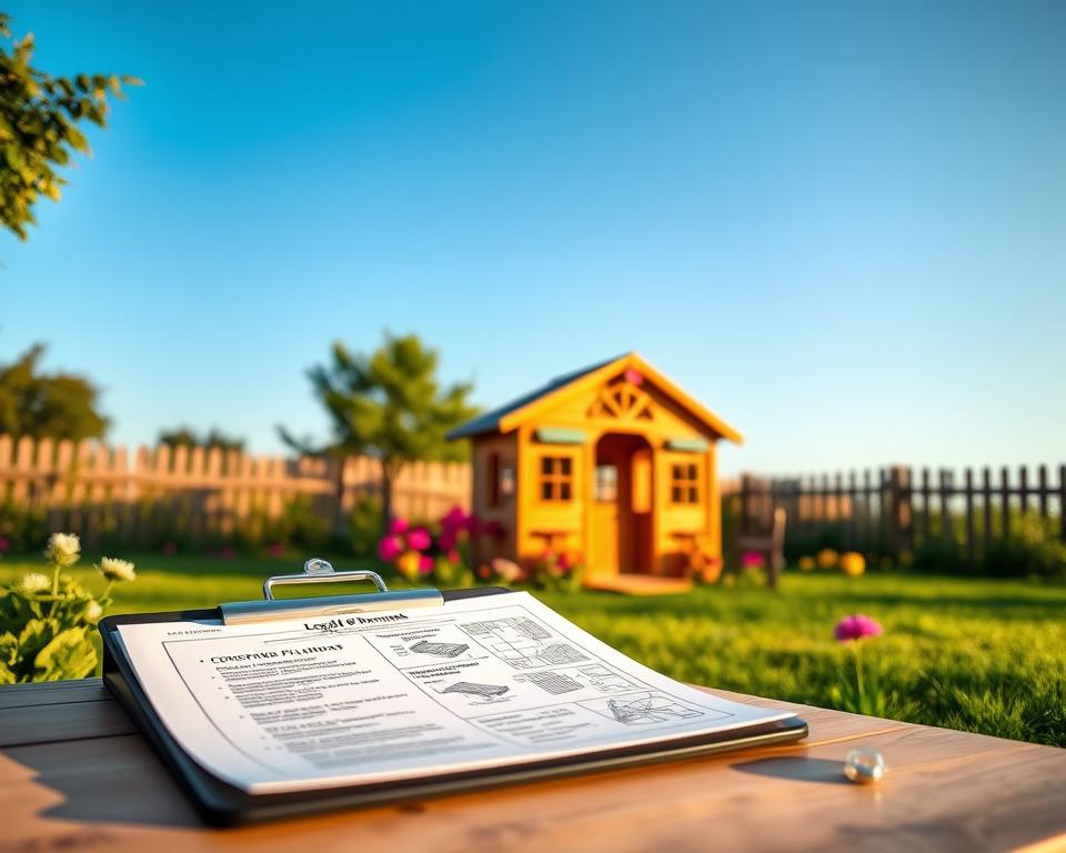 A tranquil garden setting featuring a wooden playhouse under a clear blue sky. In the foreground, include a neatly arranged workspace with a clipboard and blueprint showing legal permits and construction plans for the wooden playhouse. In the middle, the charming wooden playhouse stands, adorned with colorful decorations, surrounded by vibrant flowers and green grass. The background showcases a fence with trees, adding depth to the scene. The lighting is soft and natural, suggesting a warm afternoon glow, enhancing the inviting atmosphere. Capture the image from a slightly elevated angle to illustrate both the playhouse and the workspace effectively. The overall mood is informative yet cheerful, embodying the spirit of a community-driven project. A tranquil garden setting featuring a wooden playhouse under a clear blue sky. In the foreground, include a neatly arranged workspace with a clipboard and blueprint showing legal permits and construction plans for the wooden playhouse. In the middle, the charming wooden playhouse stands, adorned with colorful decorations, surrounded by vibrant flowers and green grass. The background showcases a fence with trees, adding depth to the scene. The lighting is soft and natural, suggesting a warm afternoon glow, enhancing the inviting atmosphere. Capture the image from a slightly elevated angle to illustrate both the playhouse and the workspace effectively. The overall mood is informative yet cheerful, embodying the spirit of a community-driven project.
