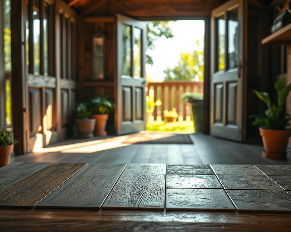 A tranquil garden shed interior focusing on flooring selection criteria. In the foreground, showcase a variety of flooring samples: wooden planks, eco-friendly tiles, and stone options neatly arranged on a wooden table. The middle ground features a cozy garden shed with an open door, allowing light to stream in, creating a warm ambiance. Sunlight casts soft shadows on the floor, highlighting different textures and colors of the materials. In the background, lush greenery can be seen through the open door, enhancing the connection to nature. Use soft, natural lighting and a subtly blurred background to emphasize the flooring samples. The mood should evoke a sense of calm and inspiration for choosing the ideal garden shed flooring.