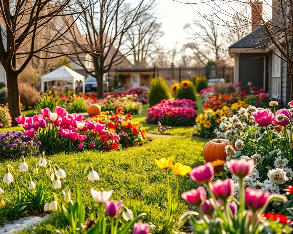 A vibrant and colorful garden through the four seasons, capturing the essence of each month. In the foreground, delicate flowers in February, such as snowdrops peeking through melting snow. The middle ground showcases March with budding trees and soft green grass. For April, tulips bloom under gentle rain, while May introduces a riot of colorful flower beds. June features blooming roses with butterflies flitting around. July is sunny, with sunflowers reaching for the sky. August offers lush foliage and ripe vegetables. September brings autumn leaves in browns and golds, followed by a cozy October with pumpkins. November shows bare branches against a grey sky, leading into a peaceful winter scene in December with frost-covered plants. The lighting is soft and warm, evoking a serene atmosphere, with a focus on depth using a shallow depth of field to emphasize the intricate details of the flowers and seasonal changes.