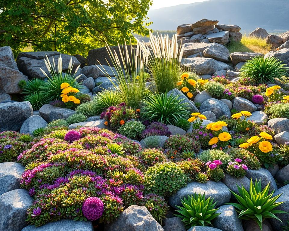 A vibrant and lush stone garden filled with a diverse array of alpine plants, succulents, and colorful flowers. In the foreground, showcase a variety of low-growing perennials like creeping thyme and sedum in rich greens and purples, nestled between smooth grey and brown stones. In the middle ground, depict larger plants such as ornamental grasses swaying slightly in a gentle breeze, alongside bright yellow rock roses and purple bellflowers for a pop of color. The background features a softly blurred backdrop of distant, weathered rocks and gentle slopes. The scene is illuminated by warm, dappled sunlight filtering through foliage above, casting soft shadows and creating an inviting, peaceful atmosphere. The image should evoke tranquility and harmony, portraying a serene oasis of nature.