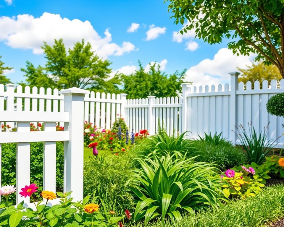 A vibrant garden scene showcasing a variety of modern plastic and PVC fencing solutions. In the foreground, depict a sleek, white PVC fence with a contemporary design, surrounded by lush green plants and colorful flowers. The middle ground features a few different styles of plastic fences, including a picket and a privacy fence, demonstrating versatility in design. In the background, a bright blue sky with soft clouds creates an inviting atmosphere, with dappled sunlight filtering through the leaves. Use a slightly elevated angle to capture the entire scene, emphasizing the practicality and aesthetic appeal of these fencing options. The mood is cheerful and refreshing, ideal for a garden setting.