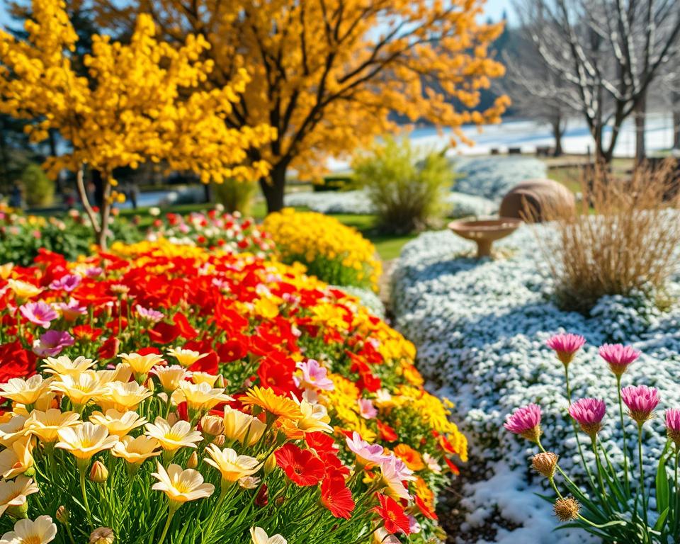 A vibrant garden scene showcasing the four distinct seasons: spring, summer, autumn, and winter. In the foreground, lush spring flowers burst with color, transitioning into sun-drenched summer blooms. The middle ground features trees with autumn leaves in warm golds and reds, while the background displays a serene winter landscape blanketed in soft snow. Soft, natural lighting enhances the freshness of spring, the brightness of summer, the warm glow of autumn, and the cool tones of winter. The angle captures a wide view, allowing for depth and perspective. The overall atmosphere conveys a harmonious cycle of nature, celebrating the beauty of each season in a garden.