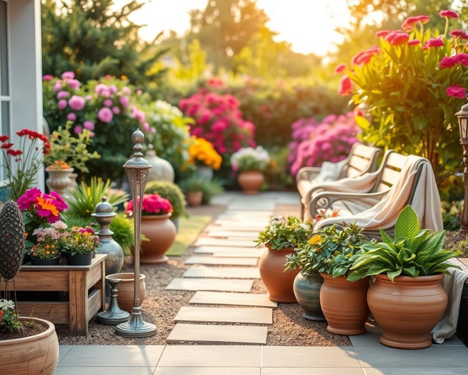 A vibrant garden scene showcasing various materials for outdoor decoration. In the foreground, display charming decorative elements like rustic wooden planters filled with colorful flowers and intricate metal sculptures. The middle ground should feature a variety of materials such as smooth stone pathways, ceramic pots, and soft fabric textiles draped elegantly over garden benches. In the background, a gentle blur of lush greenery and blooming shrubs sets a serene atmosphere. The lighting is warm and inviting, suggesting a late afternoon sun that casts soft shadows and highlights the textures of each material. Capture a harmonious blend of these elements, illustrating the beauty and diversity of garden decoration materials while evoking a tranquil outdoor ambiance.