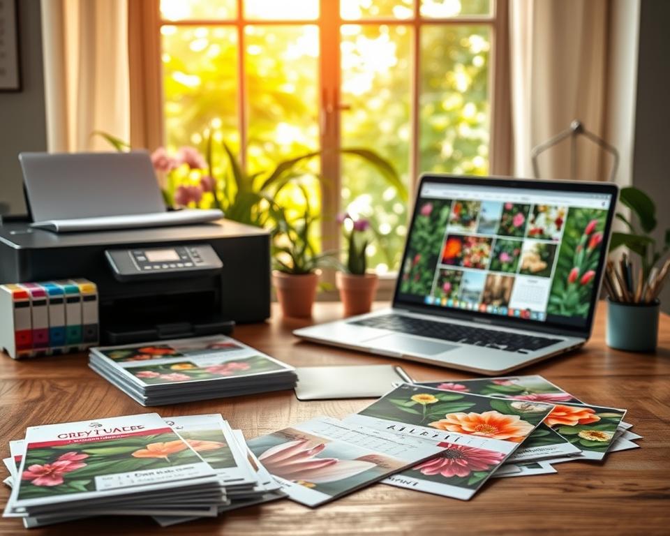 A visually appealing workspace showcasing options for printing photo calendars featuring vibrant garden themes. In the foreground, a wooden table displays various samples of printed calendars, each featuring stunning floral and botanical images. On the left side, a high-quality printer is seen with colorful ink cartridges and a stack of paper ready for printing. In the middle ground, an open laptop displays a user-friendly interface for selecting printing options, illuminated by soft, warm lighting. Behind it, a lush garden window view brings a natural ambiance, with sunlight filtering through the leaves. The atmosphere is inviting and creative, encouraging readers to explore personalized printing solutions. Capture this scene from a slightly elevated angle, focusing on the details to create an inspirational workspace vibe.
