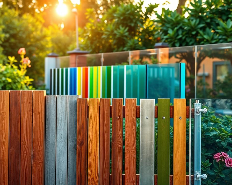 A visually captivating overview of five fence materials: wood, WPC (Wood Plastic Composite), metal, plastic, and glass. In the foreground, showcase vibrant wooden fence panels with rich textures, next to sleek, modern WPC sections exhibiting unique patterns. The middle ground features an industrial metal fence with a brushed finish, complemented by colorful plastic panels in various hues. In the background, translucent glass panels reflect soft sunlight, sparkles illuminating their surfaces. The scene is set in a serene garden environment, surrounded by lush greenery and blooming flowers, evoking a peaceful and inviting atmosphere. Use natural lighting with a warm golden hour glow to enhance the colors and textures, shot from a slightly elevated angle to provide depth and perspective to the arrangement, ensuring a professional and polished look.