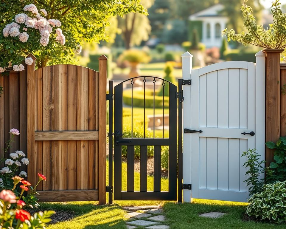 A visually engaging comparison of various garden gates made from different materials, prominently displayed in a serene garden setting. In the foreground, showcase a wooden gate, a metal gate, and a vinyl gate, each with distinct textures and colors. The middle ground features blooming flowers and lush greenery framing the gates, enhancing their appeal. The background includes a soft-focus view of a quaint garden landscape under gentle afternoon sunlight, creating a warm and inviting atmosphere. Use a slightly elevated angle to capture the gates from a perspective that highlights their differences, emphasizing craftsmanship and material quality. The overall mood should be informative yet relaxed, perfect for an article discussing garden gate options.