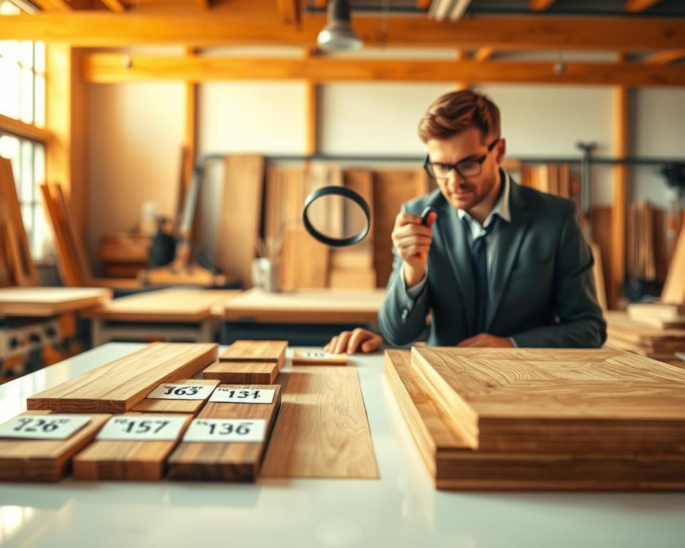 A visually engaging scene showcasing the concepts of durability classes and standards for wood, specifically focusing on materials suitable for terrace roofing. In the foreground, display an array of wooden samples labeled with durability class codes, arranged on a bright, polished workbench. In the middle ground, highlight a skilled professional in smart casual attire inspecting the samples with a magnifying glass, creating an atmosphere of meticulous evaluation. The background should depict a softly lit workshop setting with wooden beams and tools, conveying a sense of craftsmanship and expertise. Use warm, natural lighting to evoke a welcoming and informative mood, emphasizing the importance of quality and standards in construction materials. The composition should be focused and clear, inviting the viewer to engage with the subject matter.
