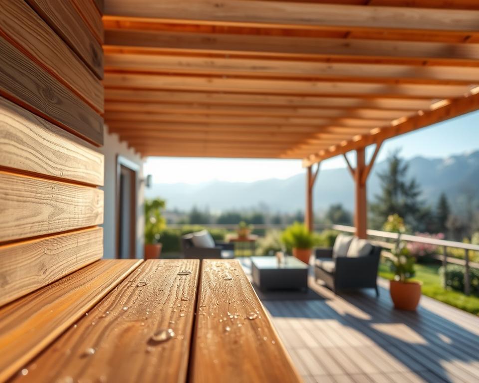 A weather-resistant wooden terrace roof showcasing its durability against moisture, UV rays, and frost. Foreground features a close-up of beautiful, treated wooden slats glistening with water droplets, emphasizing their robust finish. In the middle, a broad view of the terrace roof extending over a stylish outdoor seating area, with comfortable furniture and potted plants, all under soft, diffused sunlight that evokes a warm atmosphere. The background features a serene garden landscape with lush greenery and distant frost-tipped mountains, hinting at varied weather conditions. The scene captures a peaceful, inviting mood, demonstrating the wood's resilience in contrast to changing weather. The composition is well-lit, with a focus on textures and details, creating an inviting and informative visual narrative.