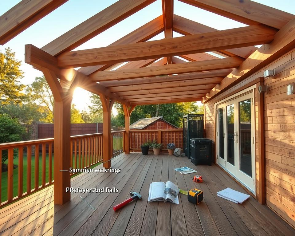 A well-constructed wooden terrace with a stylish roof, showcasing common weak points and their solutions. In the foreground, focus on detailed joinery and connections with minor flaws highlighted by subtle highlighter marks. In the middle ground, display tools like a hammer, measuring tape, and construction guide, suggesting preventive measures. The background features a lush garden setting, bathed in warm, natural lighting from a low afternoon sun, creating a serene atmosphere. Use a wide-angle lens perspective to capture the entire structure, emphasizing the balance between aesthetics and functionality. The overall mood should feel informative yet inviting, suitable for homeowners looking to improve their outdoor spaces.