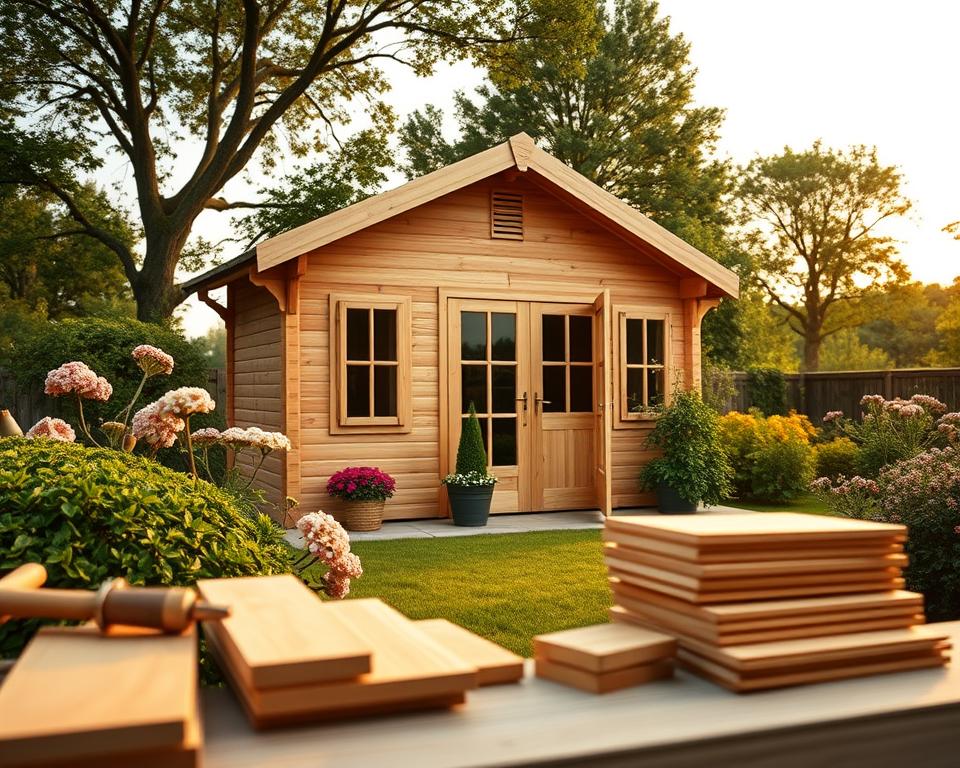 A well-crafted wooden garden house made of high-quality fir wood, showcasing its natural textures and grain patterns. In the foreground, include a small selection of fir wood panels and tools, highlighting the craftsmanship. The middle contains the garden house, featuring a charming design with a sloped roof, large windows, and a welcoming door surrounded by lush greenery and blooming flowers. In the background, depict a serene garden scene with trees and a softly lit sky, suggesting late afternoon sunlight casting warm shadows. The atmosphere is inviting and peaceful, reflecting the durability and beauty of fir wood, suggesting suitability for outdoor living. Use a slight low-angle view to emphasize the house's stature against the landscape. Soft, natural lighting enhances the warmth of the wood and the calmness of the scene. A well-crafted wooden garden house made of high-quality fir wood, showcasing its natural textures and grain patterns. In the foreground, include a small selection of fir wood panels and tools, highlighting the craftsmanship. The middle contains the garden house, featuring a charming design with a sloped roof, large windows, and a welcoming door surrounded by lush greenery and blooming flowers. In the background, depict a serene garden scene with trees and a softly lit sky, suggesting late afternoon sunlight casting warm shadows. The atmosphere is inviting and peaceful, reflecting the durability and beauty of fir wood, suggesting suitability for outdoor living. Use a slight low-angle view to emphasize the house's stature against the landscape. Soft, natural lighting enhances the warmth of the wood and the calmness of the scene.