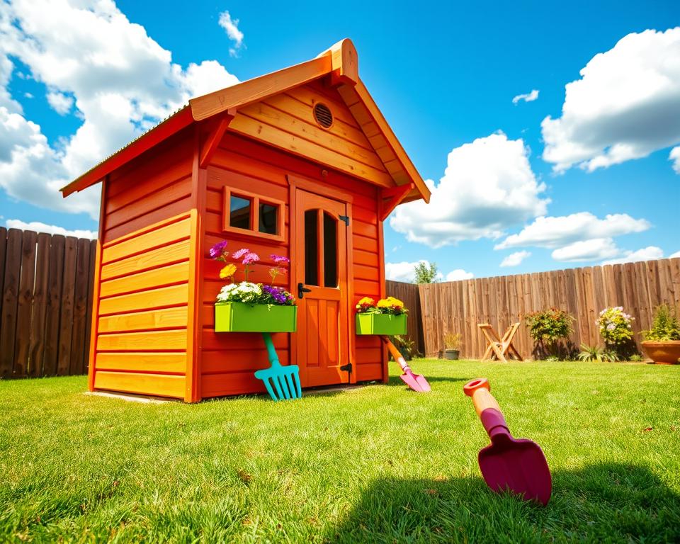 A well-maintained wooden playhouse in a sun-drenched backyard, showcasing its vibrant colors and sturdy construction. Foreground features include a close-up of the wooden textures, highlighting the grains and finishes, with a clean, freshly painted look. In the middle, the playhouse itself stands, with a small door, window boxes filled with colorful flowers, and a well-kept roof. Surrounding the house, neatly trimmed grass and a few playful garden tools emphasize the theme of maintenance. In the background, a clear blue sky with fluffy white clouds creates a cheerful atmosphere. Soft, natural lighting casts gentle shadows, enhancing the warm, inviting mood of a safe and fun play environment, ideal for children. A well-maintained wooden playhouse in a sun-drenched backyard, showcasing its vibrant colors and sturdy construction. Foreground features include a close-up of the wooden textures, highlighting the grains and finishes, with a clean, freshly painted look. In the middle, the playhouse itself stands, with a small door, window boxes filled with colorful flowers, and a well-kept roof. Surrounding the house, neatly trimmed grass and a few playful garden tools emphasize the theme of maintenance. In the background, a clear blue sky with fluffy white clouds creates a cheerful atmosphere. Soft, natural lighting casts gentle shadows, enhancing the warm, inviting mood of a safe and fun play environment, ideal for children.