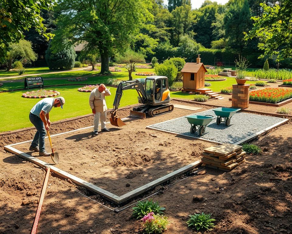 A well-organized garden shed foundation preparation scene, showcasing a busy landscape with a focus on soil leveling and groundwork. In the foreground, professional workers in modest attire are carefully measuring and marking out the area for a garden house installation, using tools like shovels and a level. The middle ground features an array of machinery, such as a small excavator and wheelbarrows, surrounded by neatly stacked paving stones and gravel, illustrating the groundwork process. In the background, a picturesque garden with lush greenery and scattered flower beds creates a tranquil atmosphere. Natural sunlight filters through the trees, casting gentle shadows, suggesting a warm afternoon. The overall mood is focused and industrious, capturing the practical aspects of garden house foundation preparation.