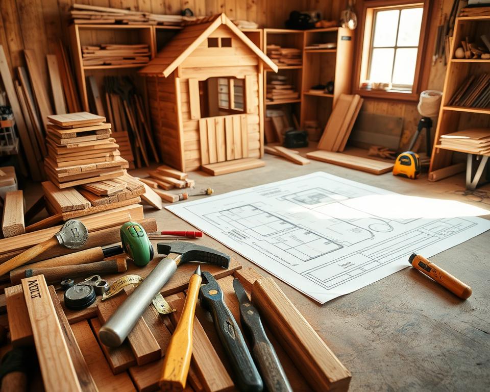 A well-organized workspace filled with tools and materials for a wooden playhouse construction project. In the foreground, prominently displayed are various hand tools like hammers, saws, and measuring tapes, alongside stacks of wooden beams and planks. In the middle ground, there's a flat workspace with a blueprint laying open, showcasing the design of the playhouse. The background features shelves lined with additional materials, such as nails and screws, neatly arranged. Soft natural lighting filters through a nearby window, casting gentle shadows, creating a warm and inviting atmosphere. The camera angle is slightly elevated, capturing the details of the tools and materials, emphasizing a sense of preparation and planning for a DIY project. A well-organized workspace filled with tools and materials for a wooden playhouse construction project. In the foreground, prominently displayed are various hand tools like hammers, saws, and measuring tapes, alongside stacks of wooden beams and planks. In the middle ground, there's a flat workspace with a blueprint laying open, showcasing the design of the playhouse. The background features shelves lined with additional materials, such as nails and screws, neatly arranged. Soft natural lighting filters through a nearby window, casting gentle shadows, creating a warm and inviting atmosphere. The camera angle is slightly elevated, capturing the details of the tools and materials, emphasizing a sense of preparation and planning for a DIY project.